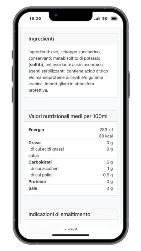 E-Label: valori nutrizionali, ingredienti, allergeni